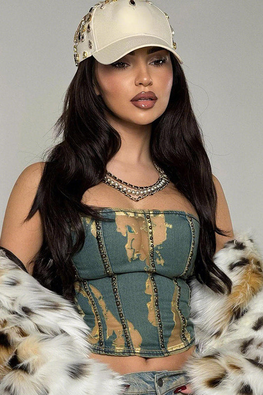 Beige baseball cap with gold and clear embellishments for langry fashion coat