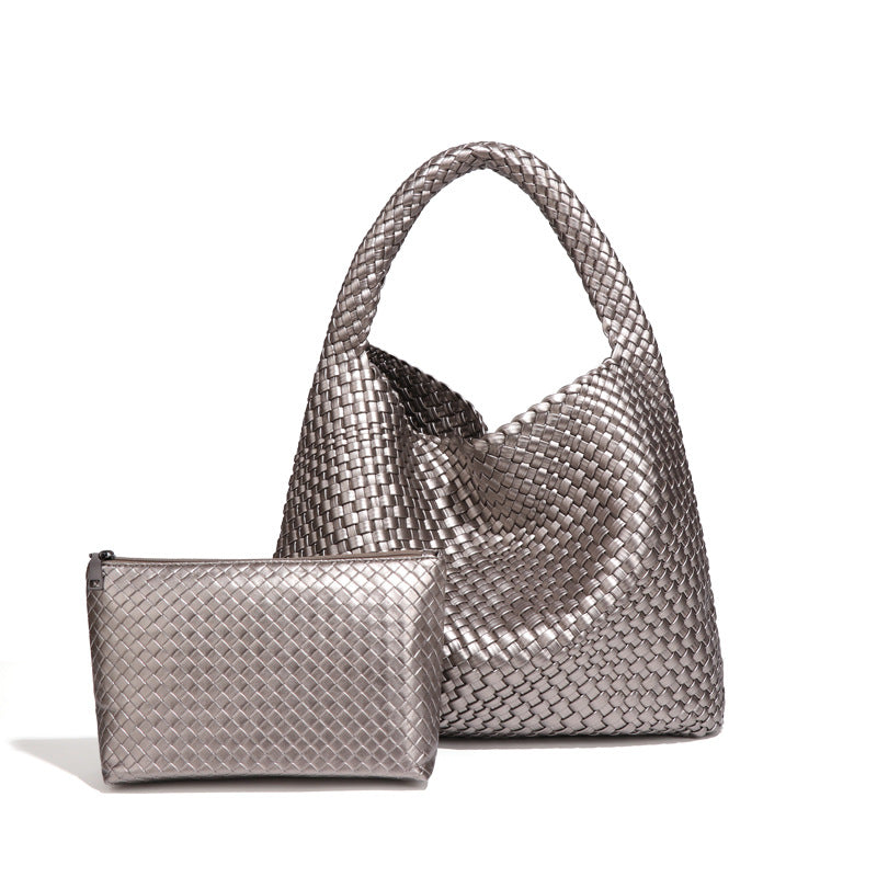 Woven metallic silver hobo bag and pouch, a stylish choice for modern fashion enthusiasts