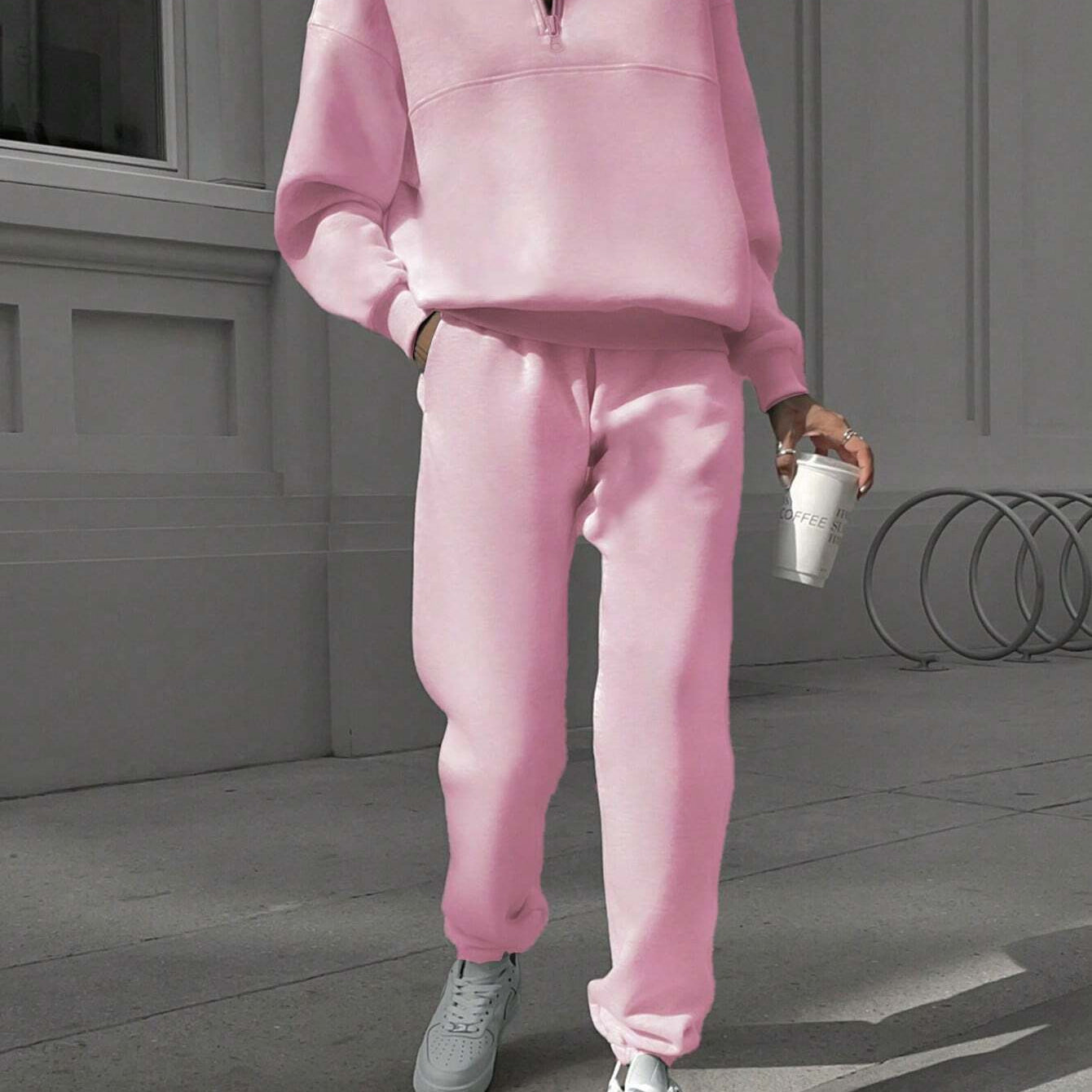 Pink Langry Fashion Winter Zipper Collared Two-Piece Set with Nike Sneakers