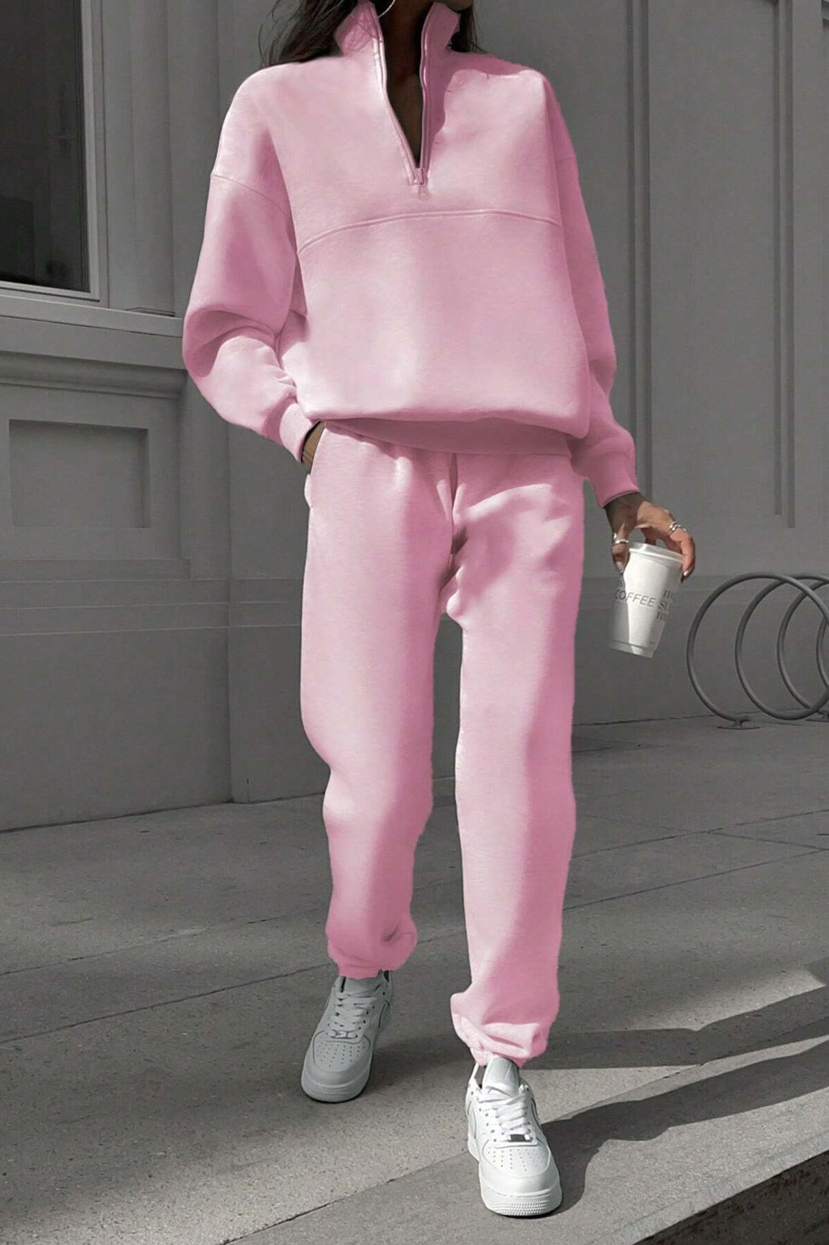 Pink Langry Fashion Winter Zipper Collared Two-Piece Set with Nike Sneakers