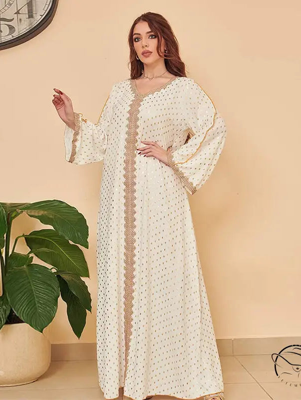 Gorgeous cream lace abaya with gold trim, bell sleeves, Middle East fashion dress