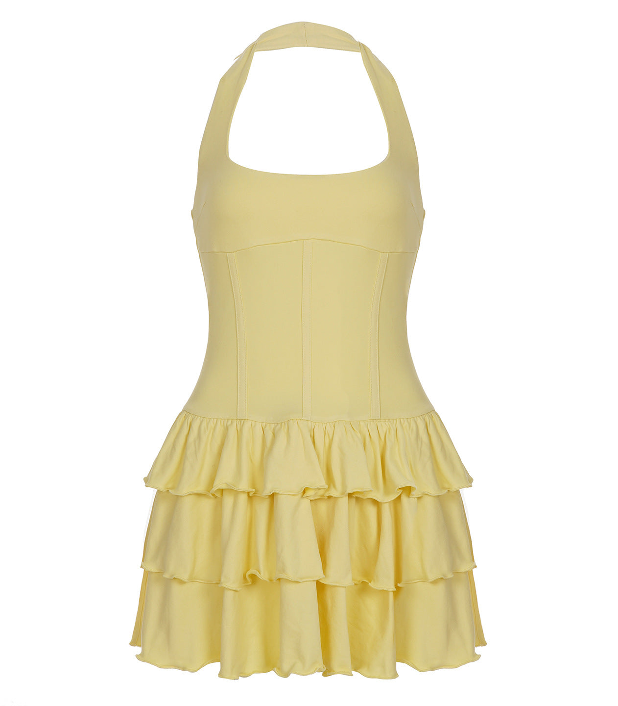 Cute Langry halter backless short dress in pale yellow fashion ملابس