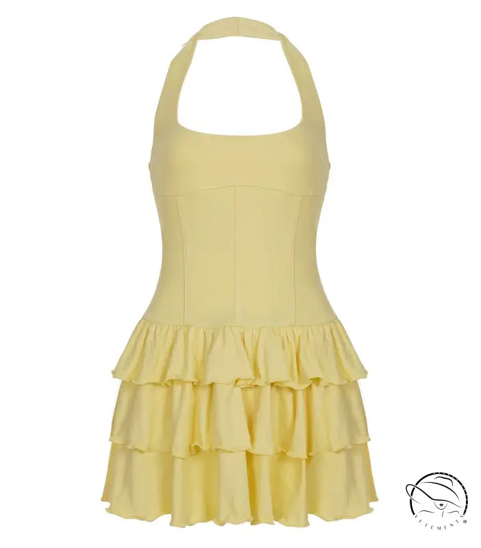Cute langry fashion halter backless short dress in pale yellow with ruffles