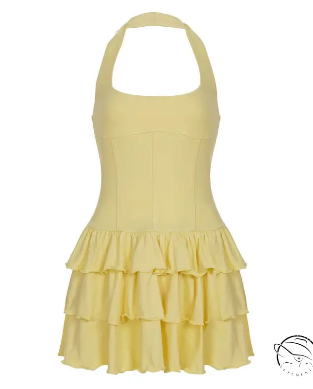 Cute langry fashion halter backless short dress in pale yellow with ruffles