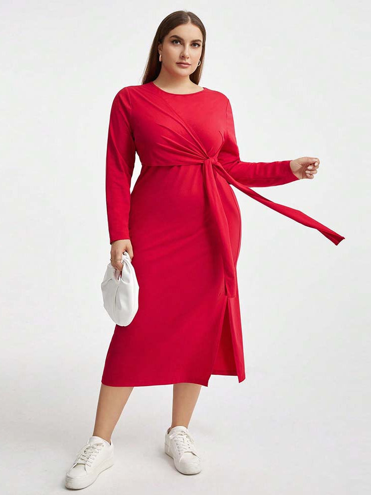 Red long-sleeved midi dress from Elegant High Waist Lace Up Sheath Dress collection for stylish fashion and ملابس enthusiasts