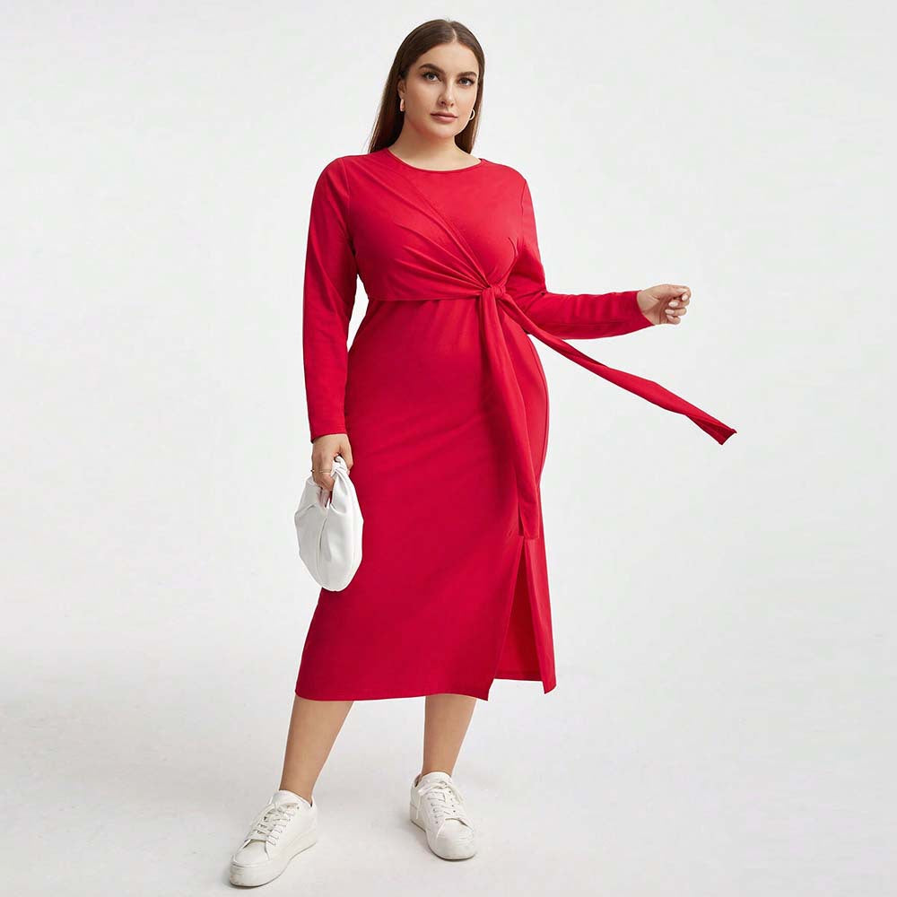 Red long-sleeved midi dress from Elegant High Waist Lace Up Sheath Dress collection for stylish fashion and ملابس enthusiasts