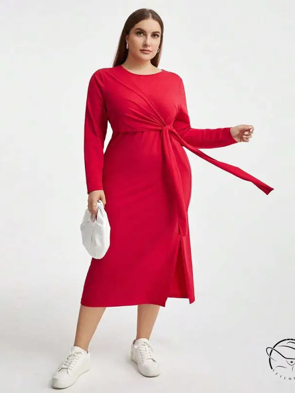 Elegant high waist lace up red long-sleeved midi sheath dress