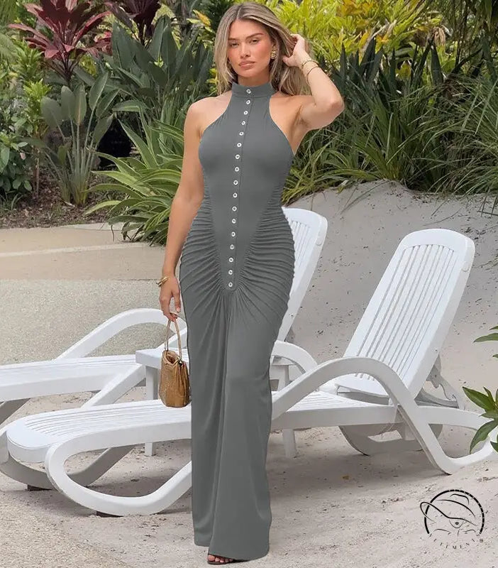 Langry fashion grey halter neck maxi dress with button detail