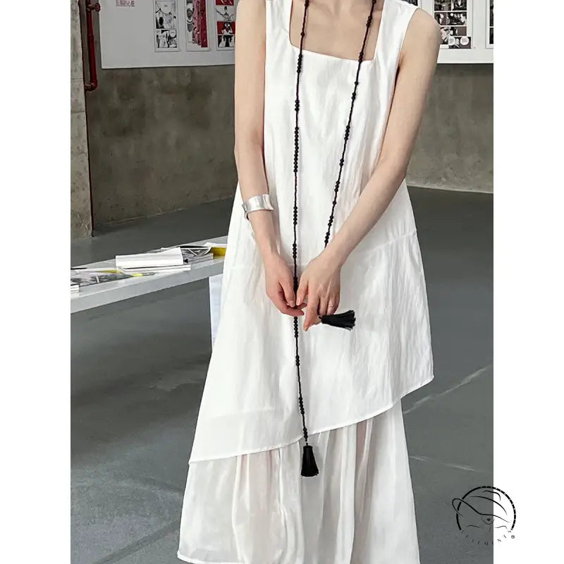 Elegant Korean style dress: white layered sleeveless with black tasseled cords