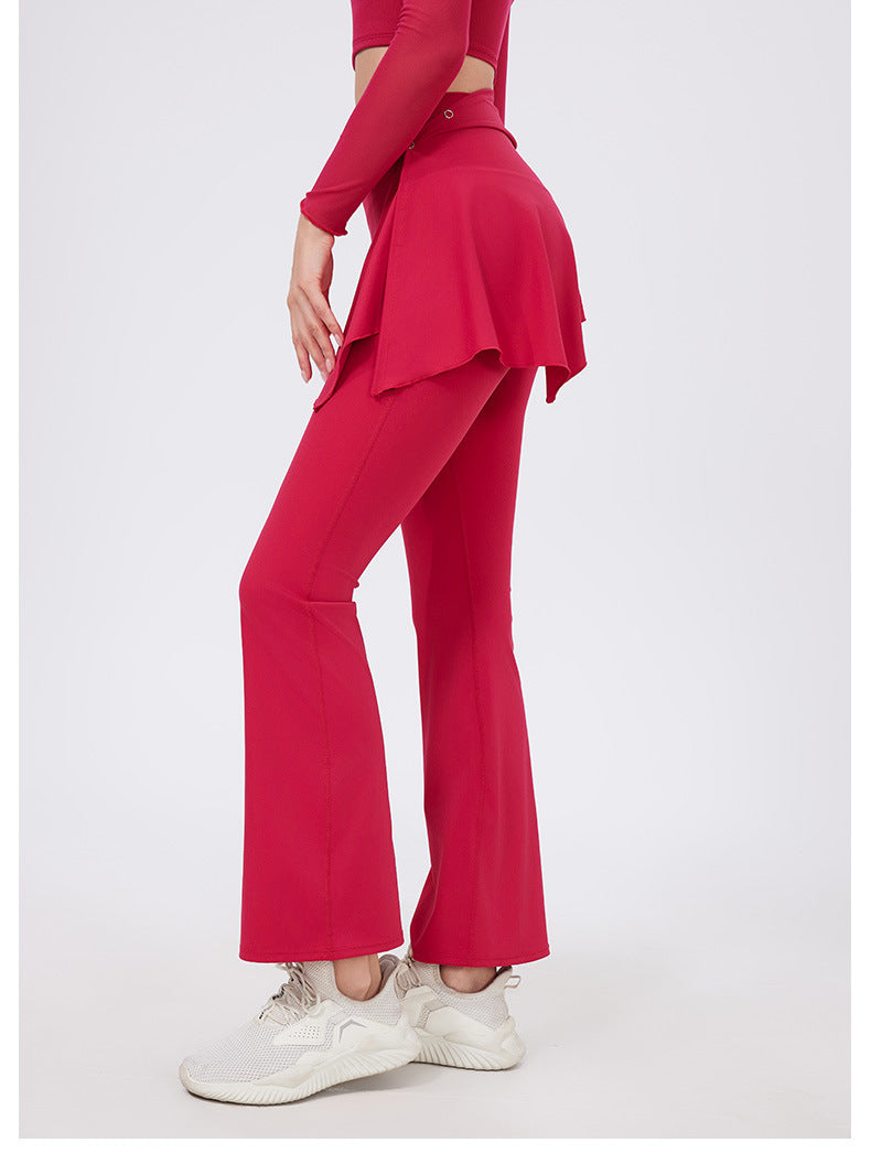 Red flared hip lifting yoga pants with nude feel ruffled hem and white sneakers