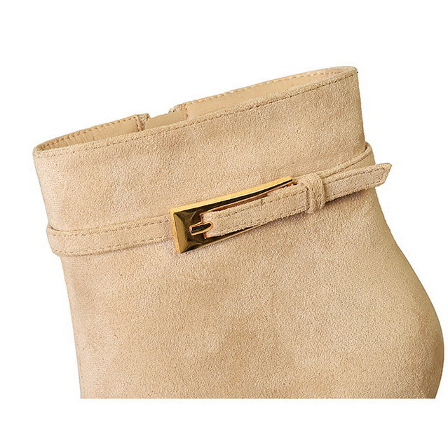 Langry beige suede ankle boot with gold buckle and side zipper high heel fashion