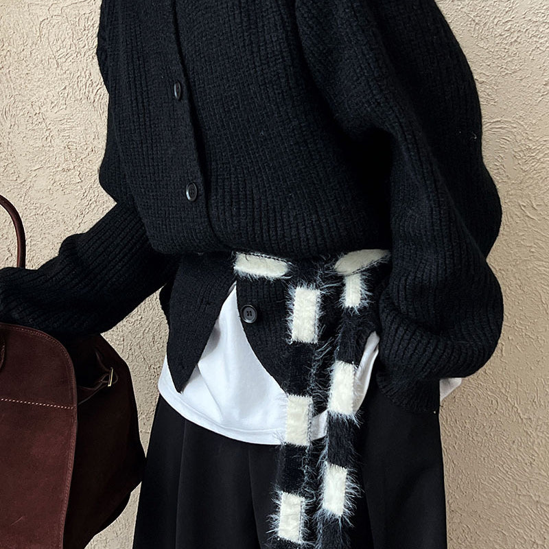 Black knit cardigan with checkered scarf, regular sleeve, langry fashion style