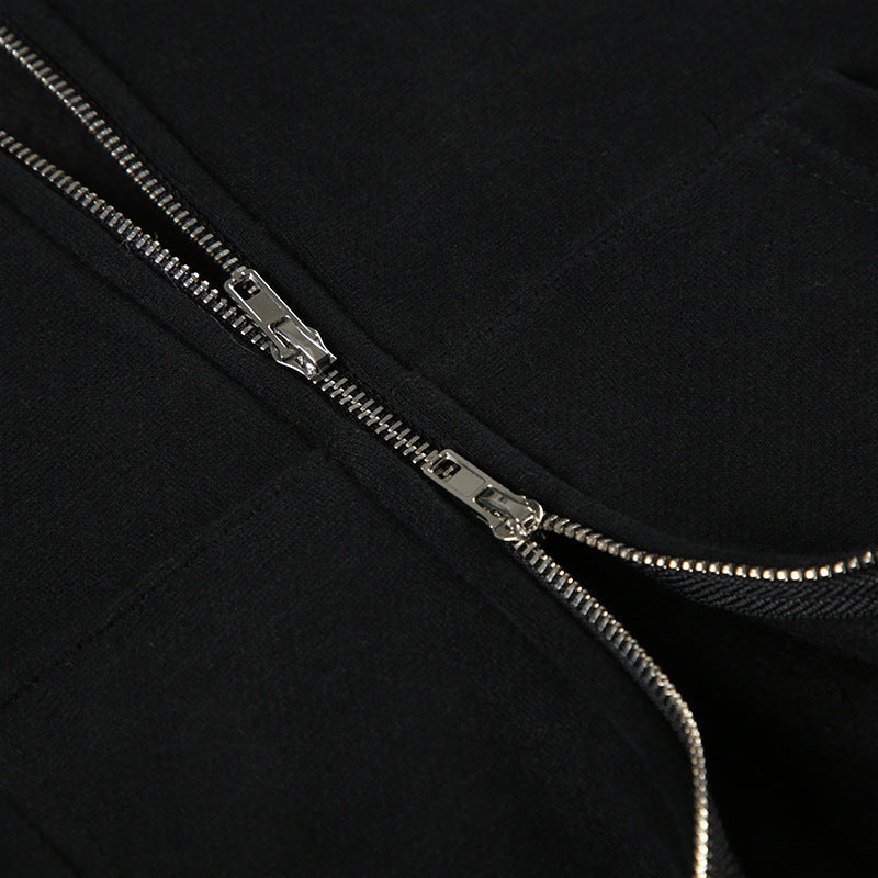 Black Street Retro Hooded Furry Splicing Coat with partially unzipped metal zipper for fashion and ملابس style