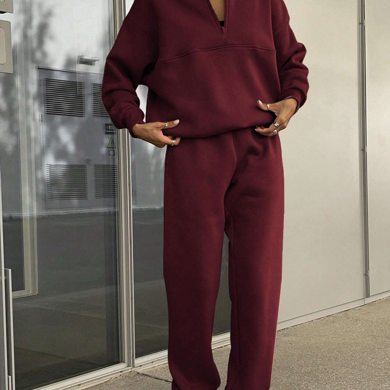 Maroon langry fashion tracksuit with white high-top sneakers, casual ملابس set