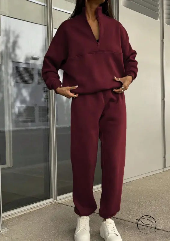 Langry fashion maroon tracksuit with white sneakers, winter zipper collared set