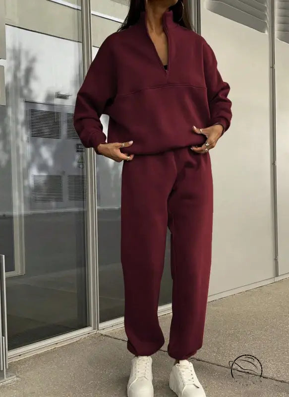 Langry fashion maroon tracksuit with white sneakers, winter zipper collared set