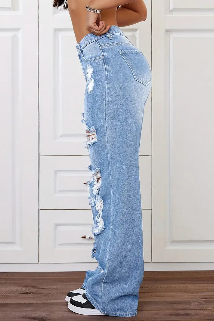 Langry fashion light blue ripped washed high waist denim jeans with black white sneakers
