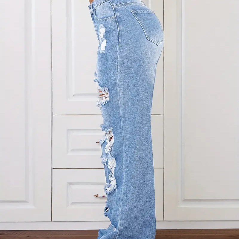 Langry fashion light blue ripped washed high waist denim jeans with black white sneakers