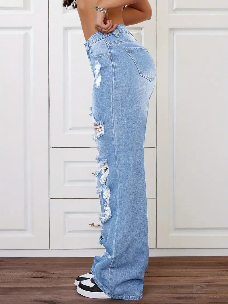 Langry fashion light blue ripped washed high waist denim jeans with black white sneakers