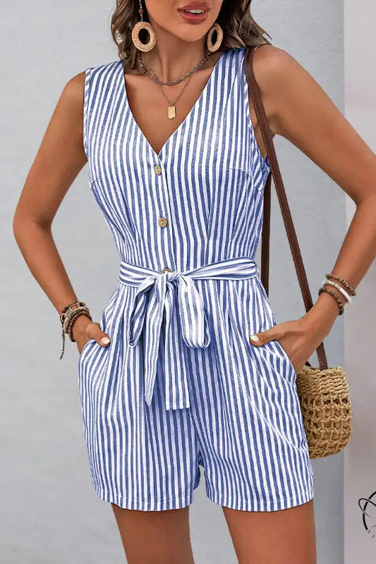 Blue and white striped beautiful summer jumpsuit with tie waist