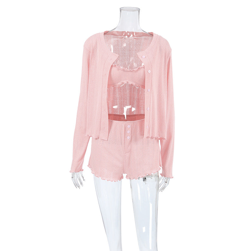 Light pink breathable long lounge set with cardigan camisole and shorts for women