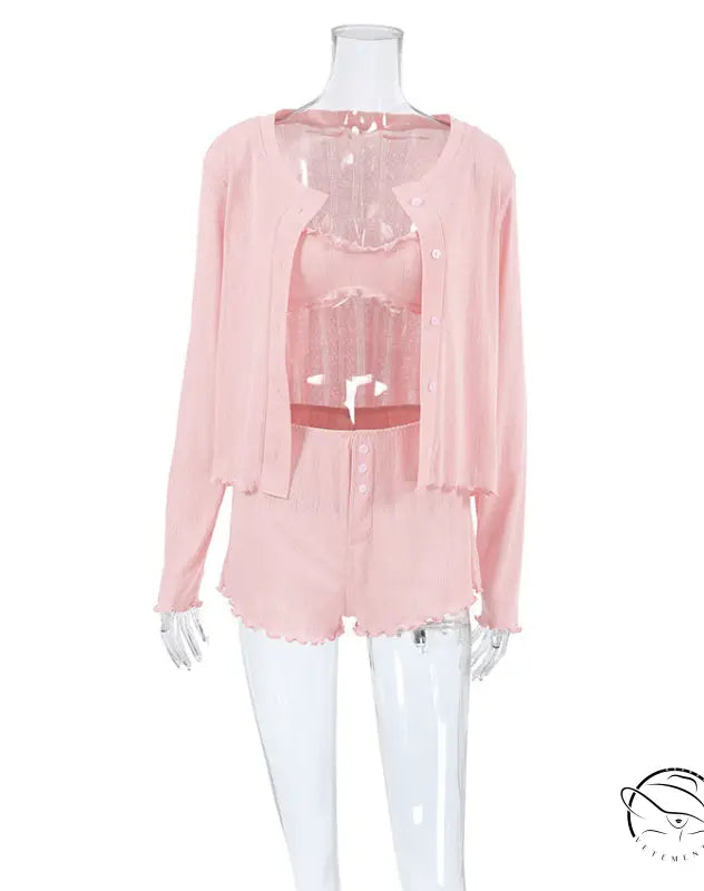 Light pink breathable long sleeve three-piece lounge set for women