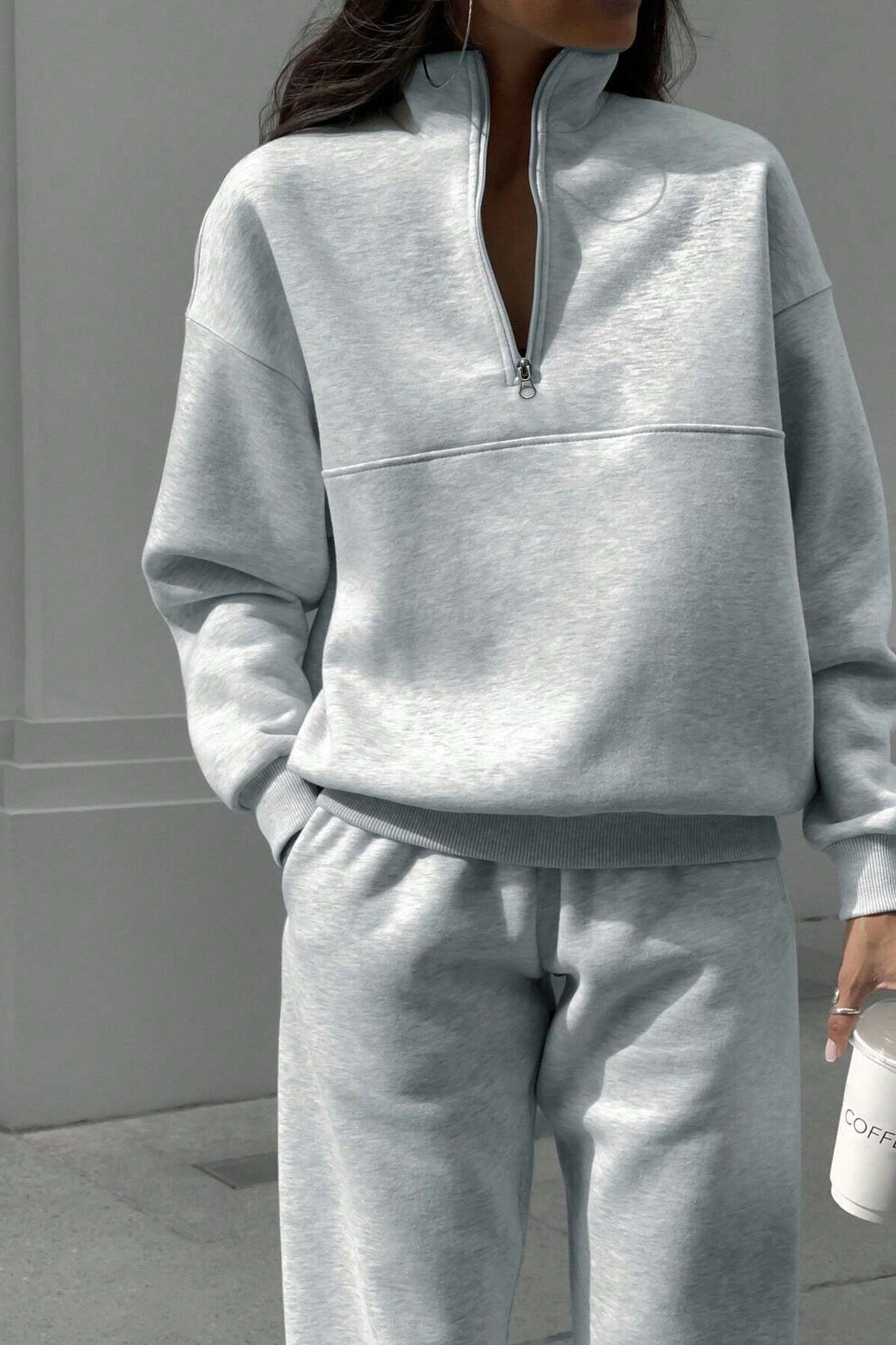 Langry light blue fleece zip-up sweatshirt with drawstring waist and pockets, fashion ملابس