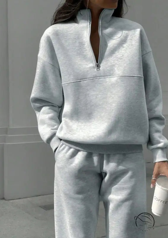 Light blue fleece zip-up sweatshirt in Langry winter fashion set