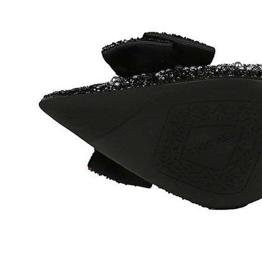 Elegant langry fashion black sequined flat shoe with bowknot rhinestone detail