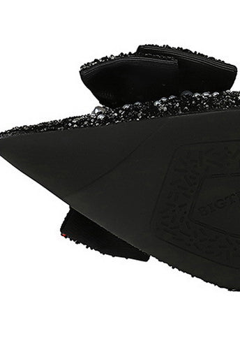 Elegant langry fashion black sequined flat shoe with bowknot rhinestone detail