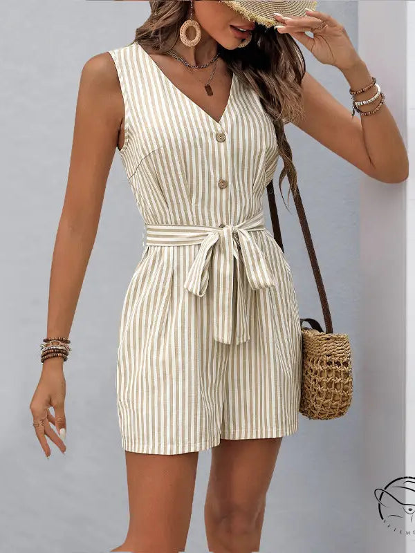 Beautiful summer jumpsuit: sleeveless striped romper with V-neck and waist tie