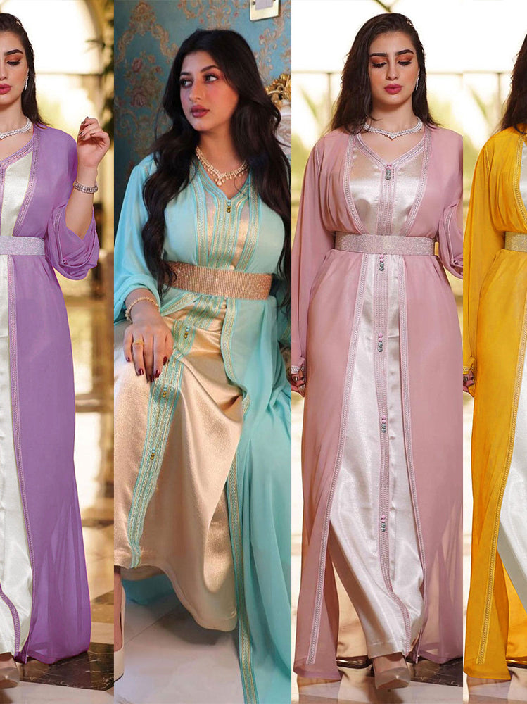 Elegant lavender and white silk abaya dress with belt, langry fashion ملابس