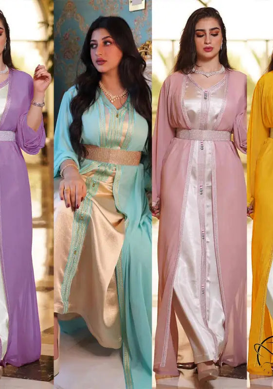 Beautiful lavender and white langry fashion abaya dress with silk belt