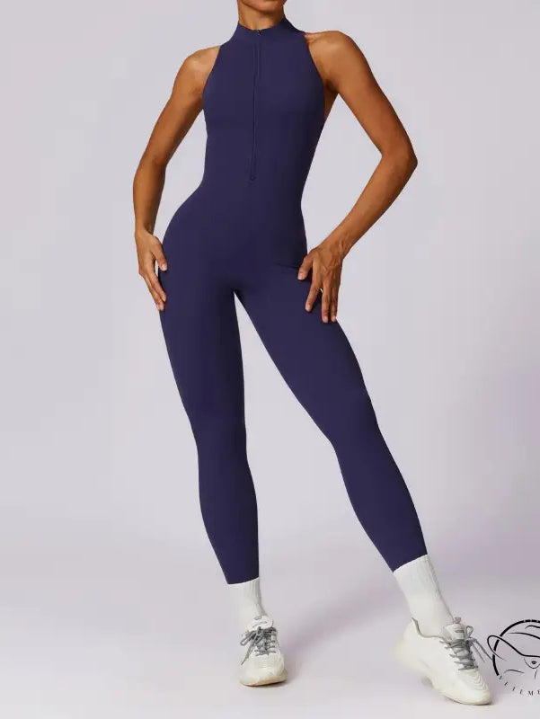 Langry navy blue high-neck sleeveless yoga jumpsuit with front zipper