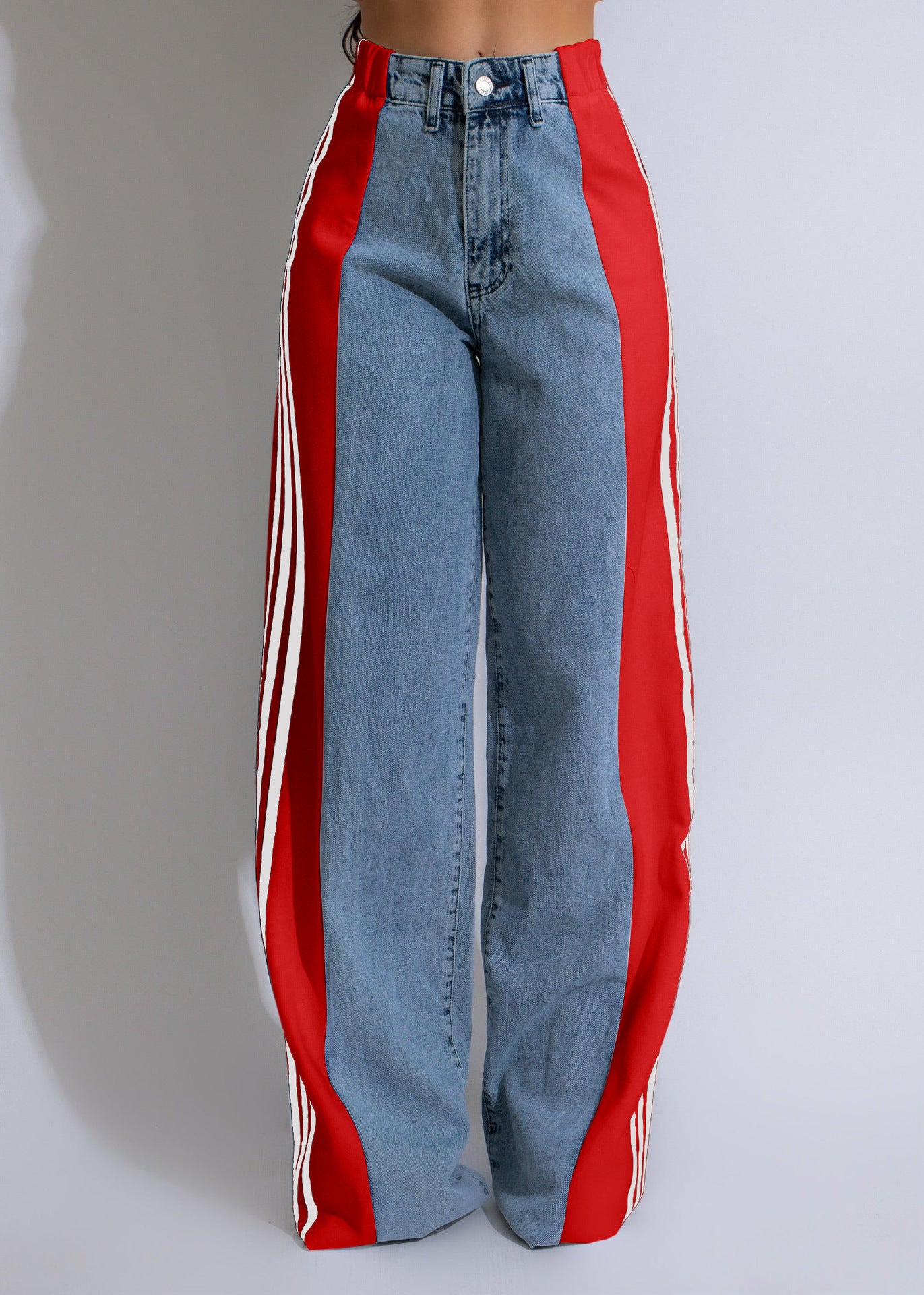 Wide-leg jeans with red and white stripes, perfect for stylish casual fashion ملابس