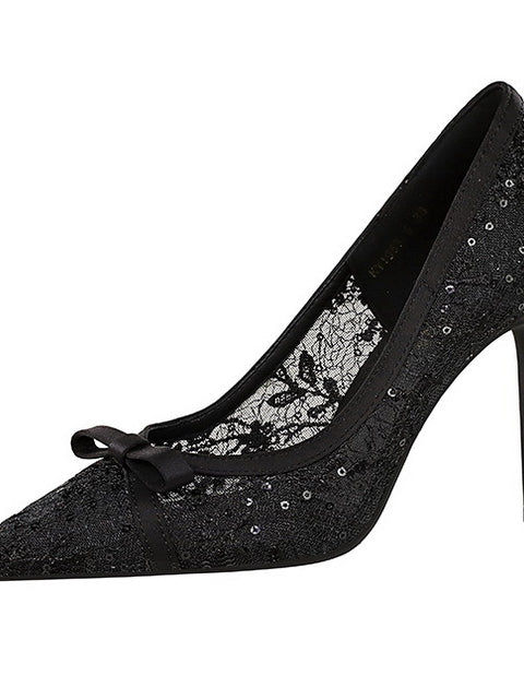 Cocktail High Heel Women Shoes Bow Sequined Lace Mesh Pointed Shallow Mouth Stiletto