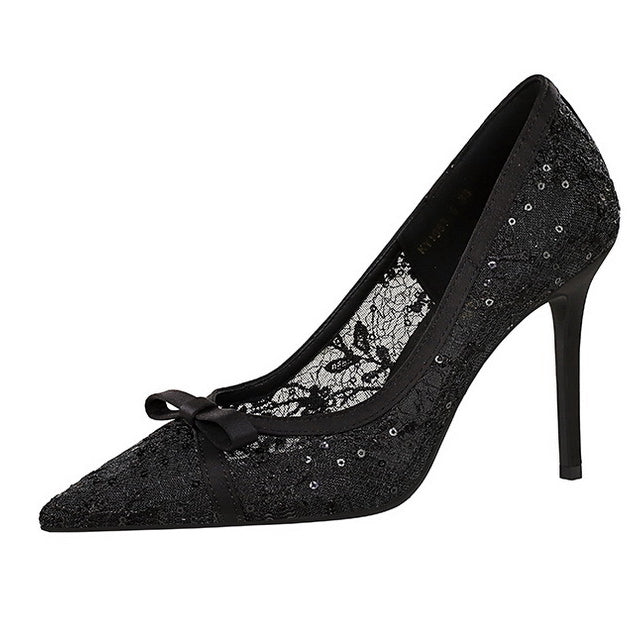 Cocktail High Heel Women Shoes Bow Sequined Lace Mesh Pointed Shallow Mouth Stiletto
