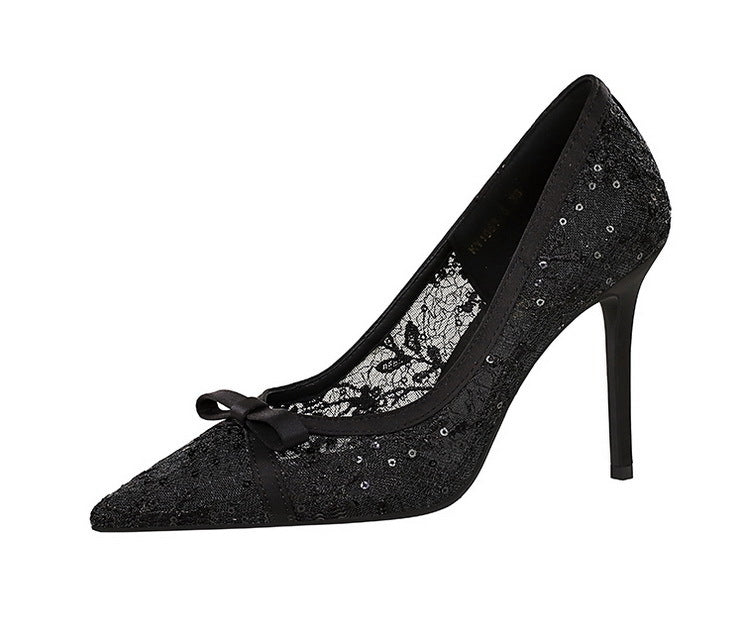 Cocktail High Heel Women Shoes Bow Sequined Lace Mesh Pointed Shallow Mouth Stiletto