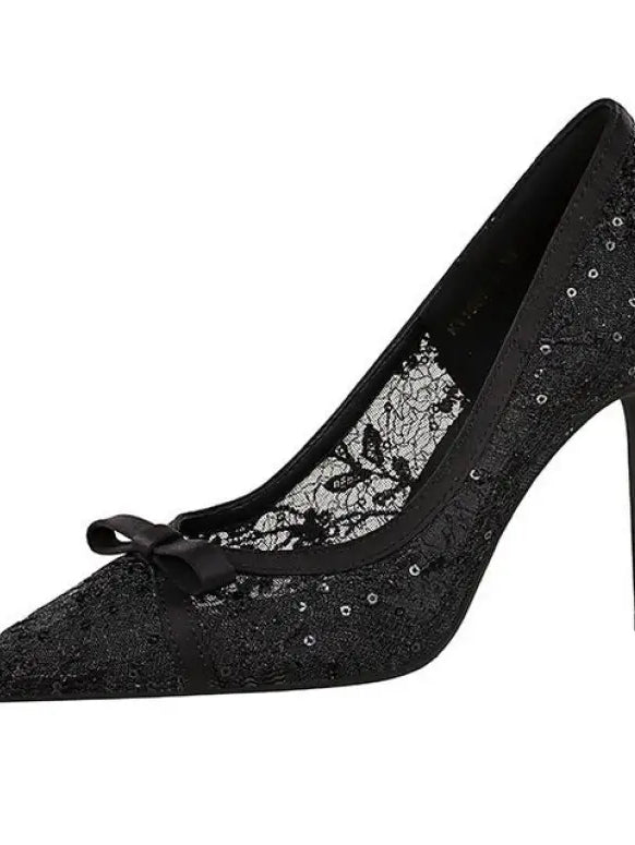 Cocktail High Heel Women Shoes Bow Sequined Lace Mesh Pointed Shallow Mouth Stiletto