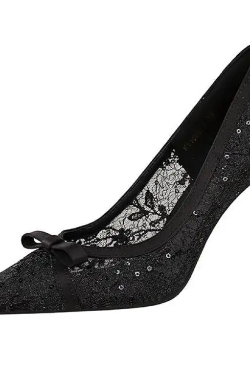 Cocktail High Heel Women Shoes Bow Sequined Lace Mesh Pointed Shallow Mouth Stiletto
