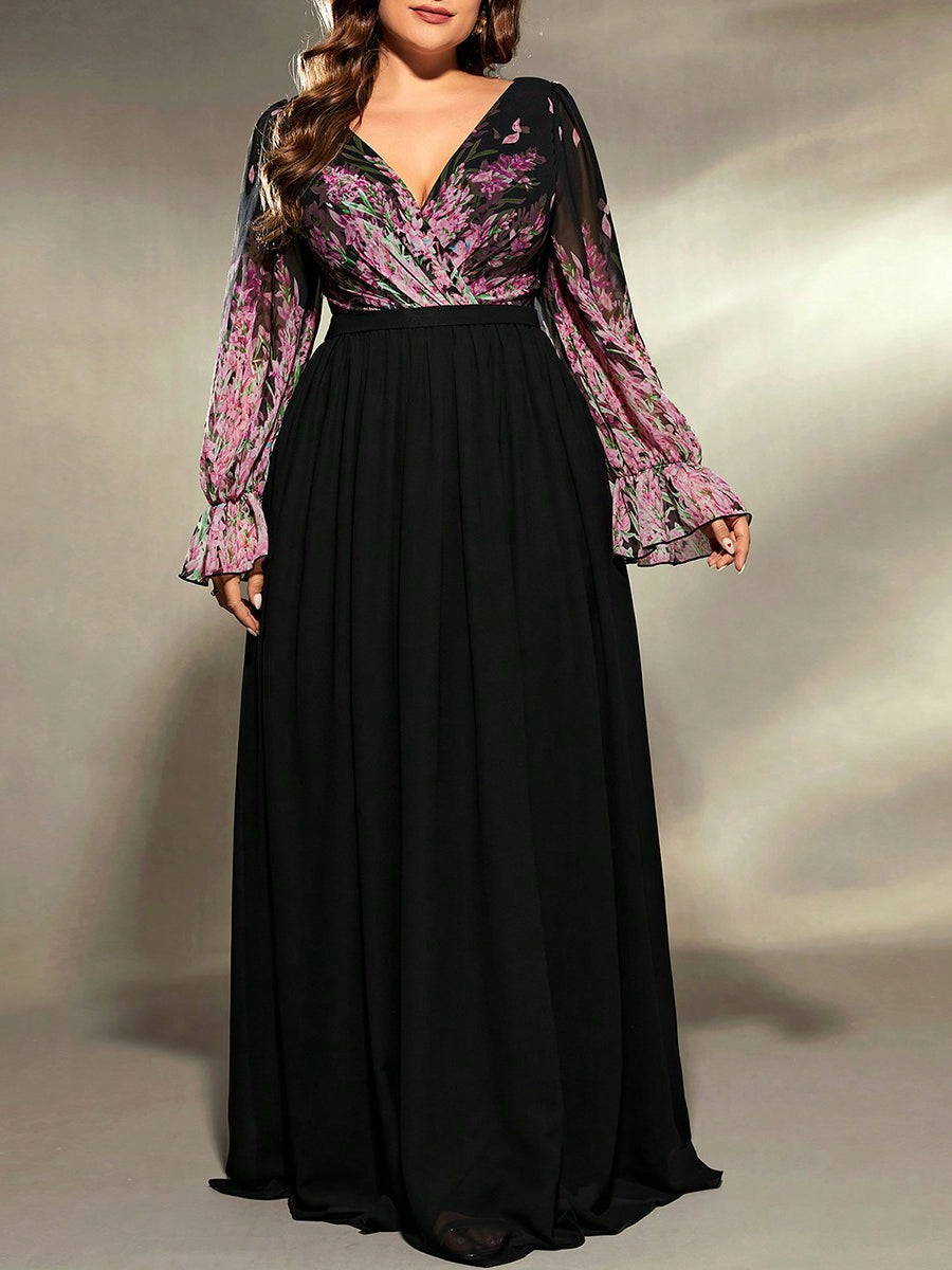 Plus size black and purple floral long sleeve ball gown evening dress
