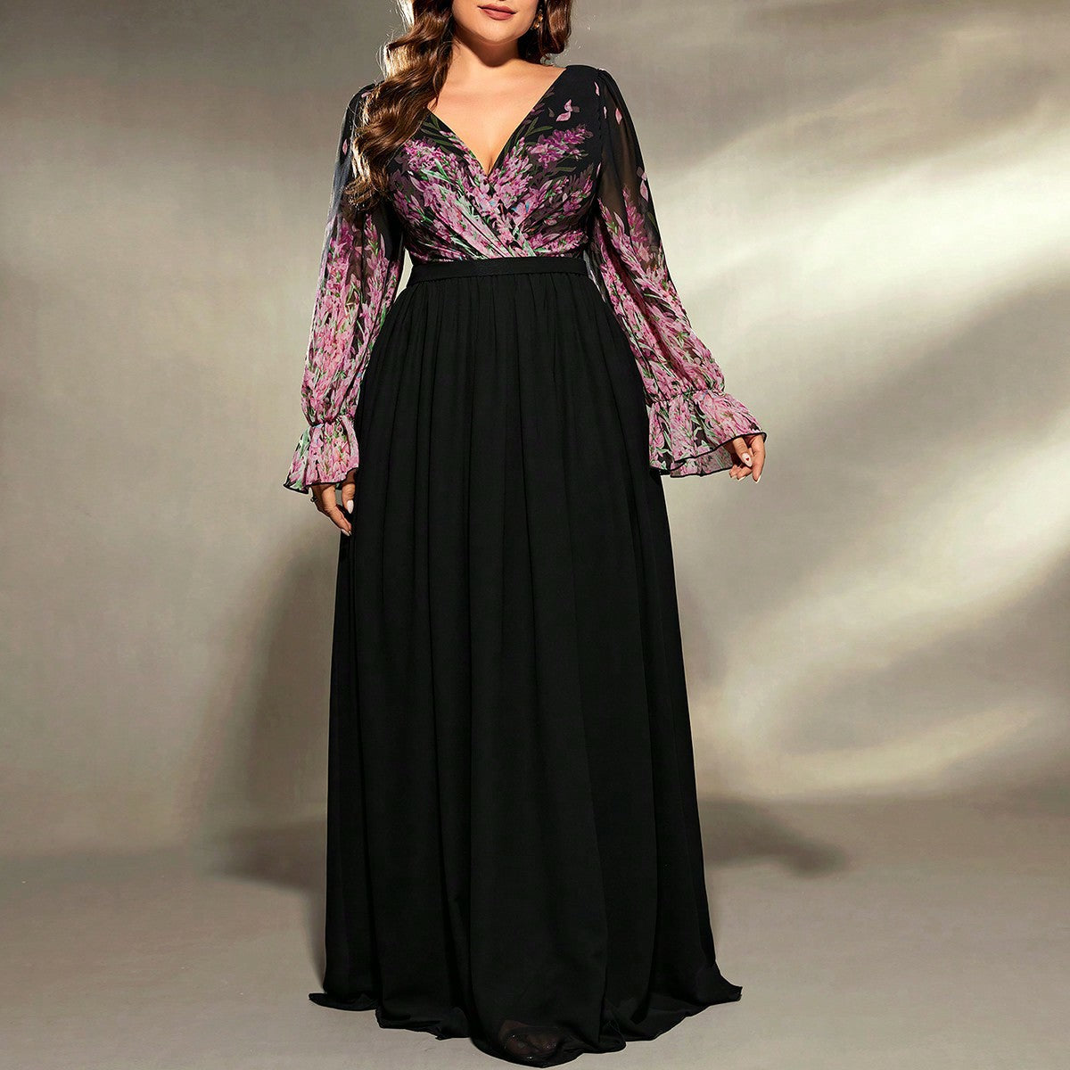 Plus size black and purple floral long sleeve ball gown evening dress