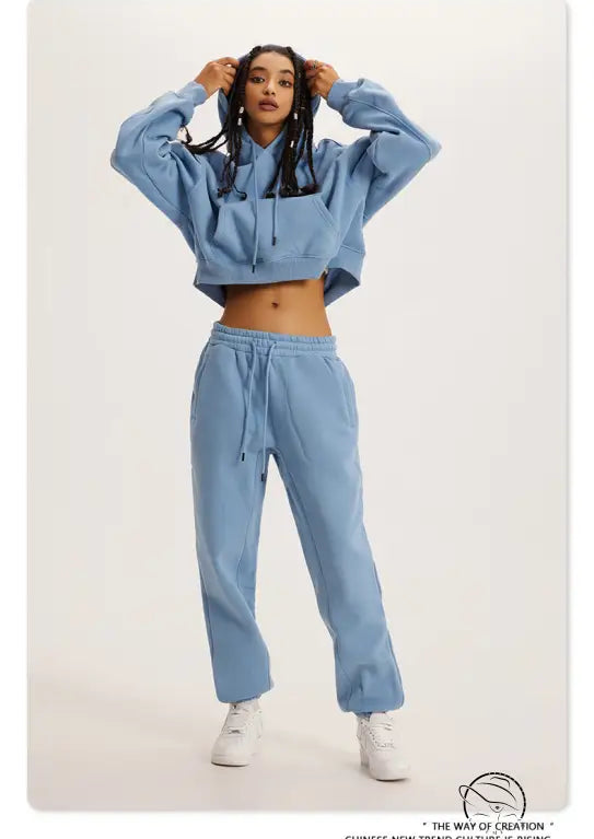 Langry winter retro hooded pullover: light blue cropped hoodie and sweatpants set with white sneakers