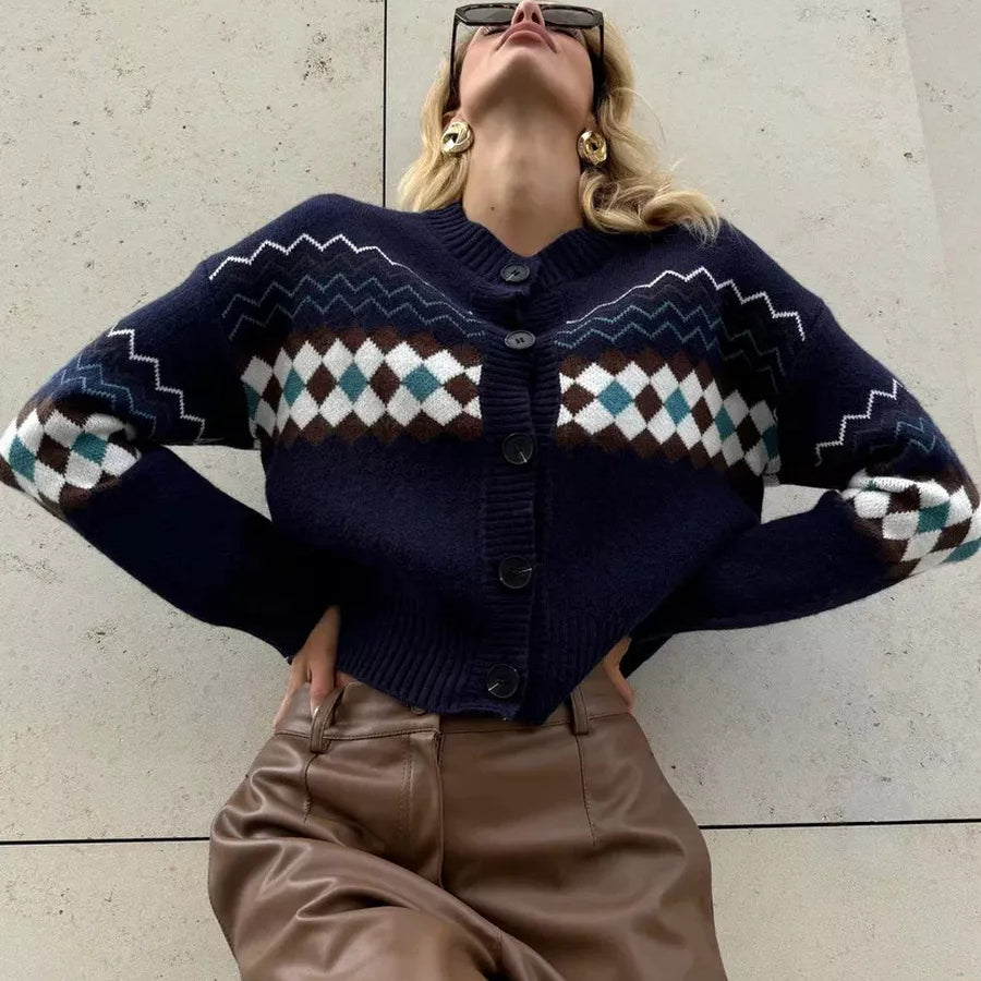 Patterned knit cardigan with regular sleeves from Jacquard Knitted Cardigan Sweater, perfect for fashion