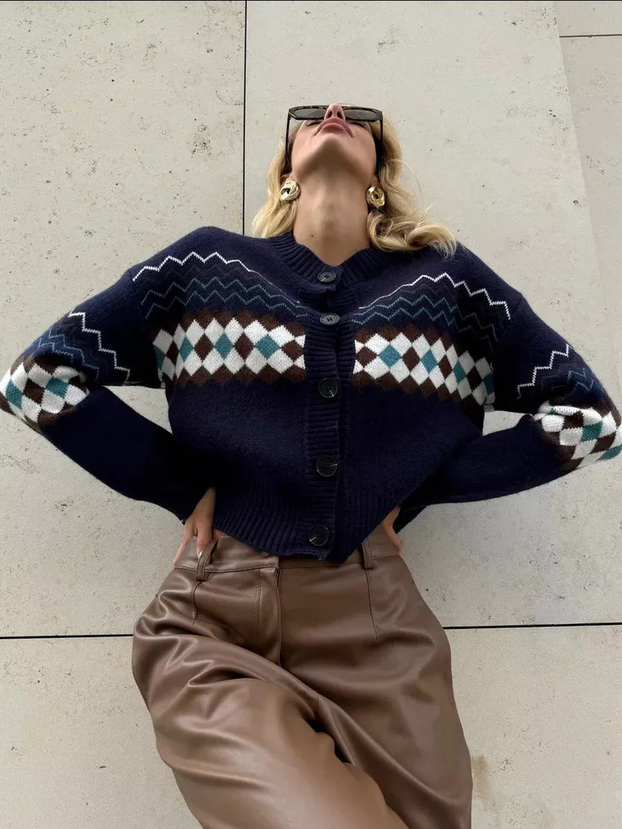 Patterned knit cardigan with regular sleeves from Jacquard Knitted Cardigan Sweater, perfect for fashion