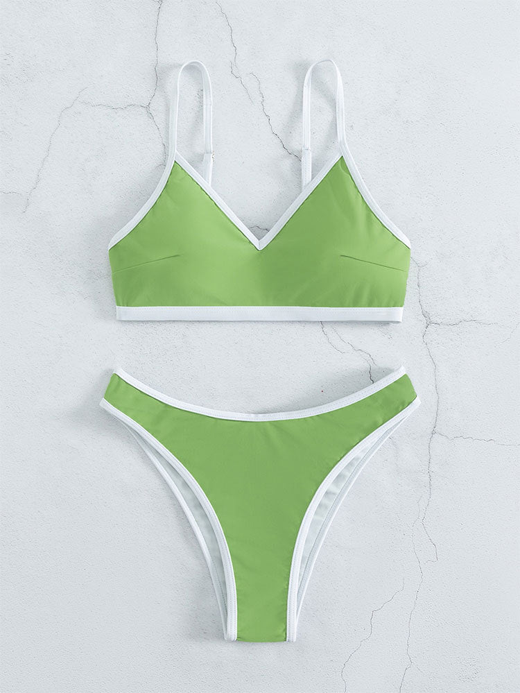 Green and white bikini showcasing solid color stitching with a small fresh and high waist design
