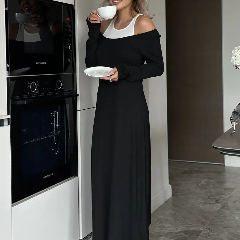Long black off-shoulder maxi dress with white tank top, stylish langry fashion ملابس