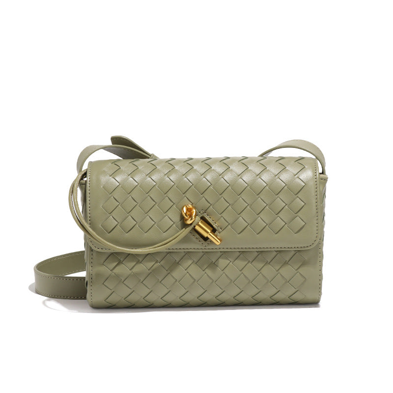 Elegant Woven Shoulder Bag featuring woven leather, gold hardware, and stylish fashion design