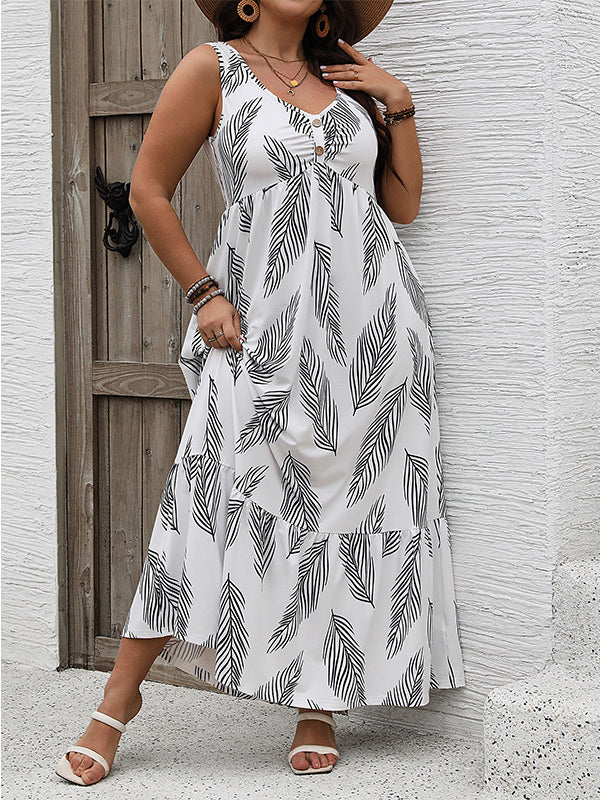 White maxi dress with black leaf pattern from Vacation Loose Casual Dress collection