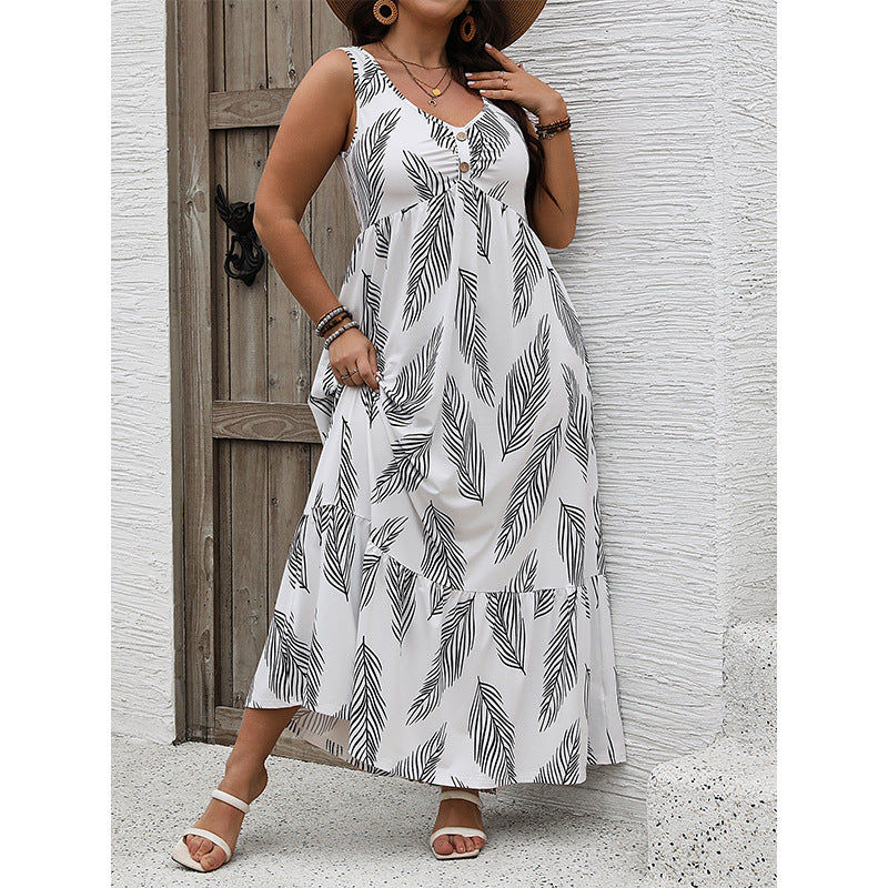 White maxi dress with black leaf pattern from Vacation Loose Casual Dress collection